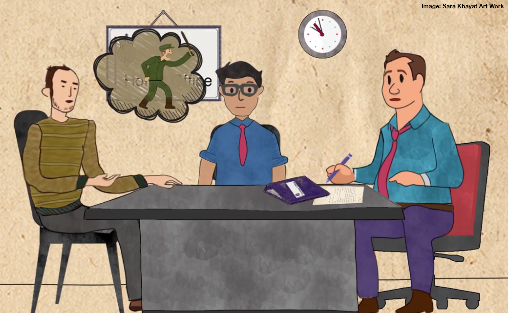 illustration of a substantive asylum interview taking place at a Home Office centre, with an interpreter present