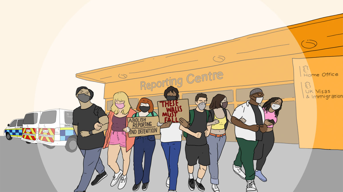 an illustration depicting a group of people holding placards and wearing masks, protesting against immigration bail reporting outside a reporting centre