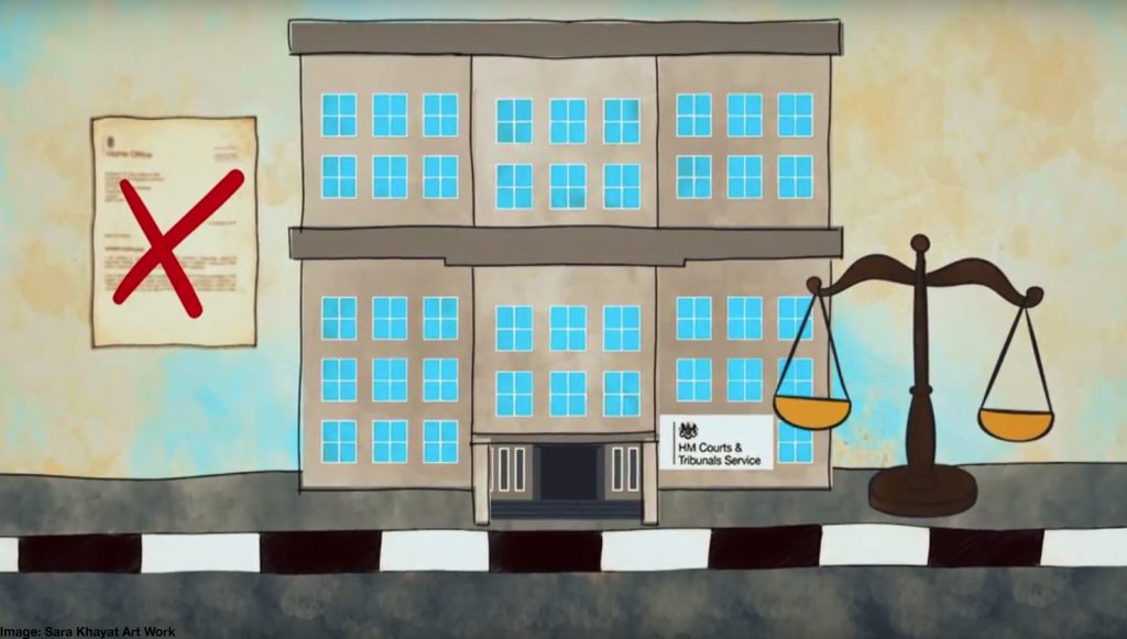 an illustration of a first-tier tribunal court, alongside a home office refusal letter, and the scales of justice