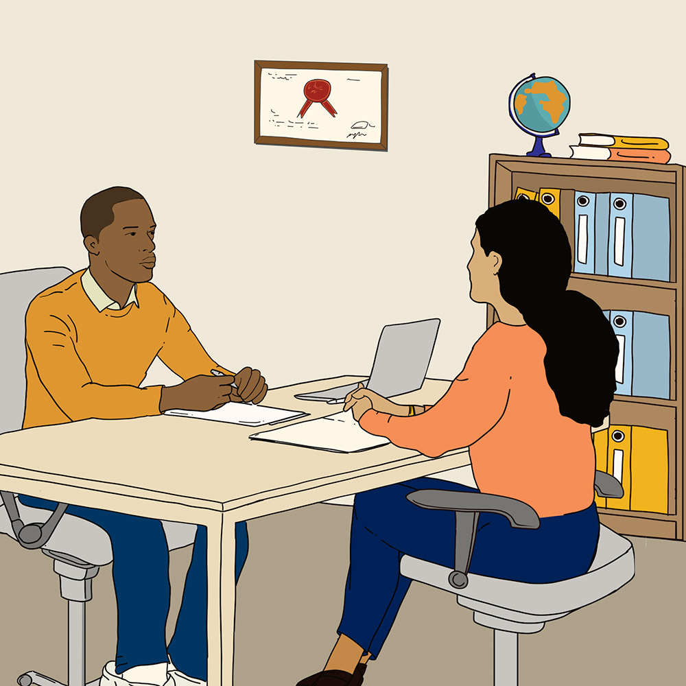 illustration depicting a meeting with an immigration lawyer in their office