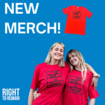 a graphic depicting 'new merch!', and a picture of esther and leah wearing the limited edition No One Is Illegal T-shirt in red