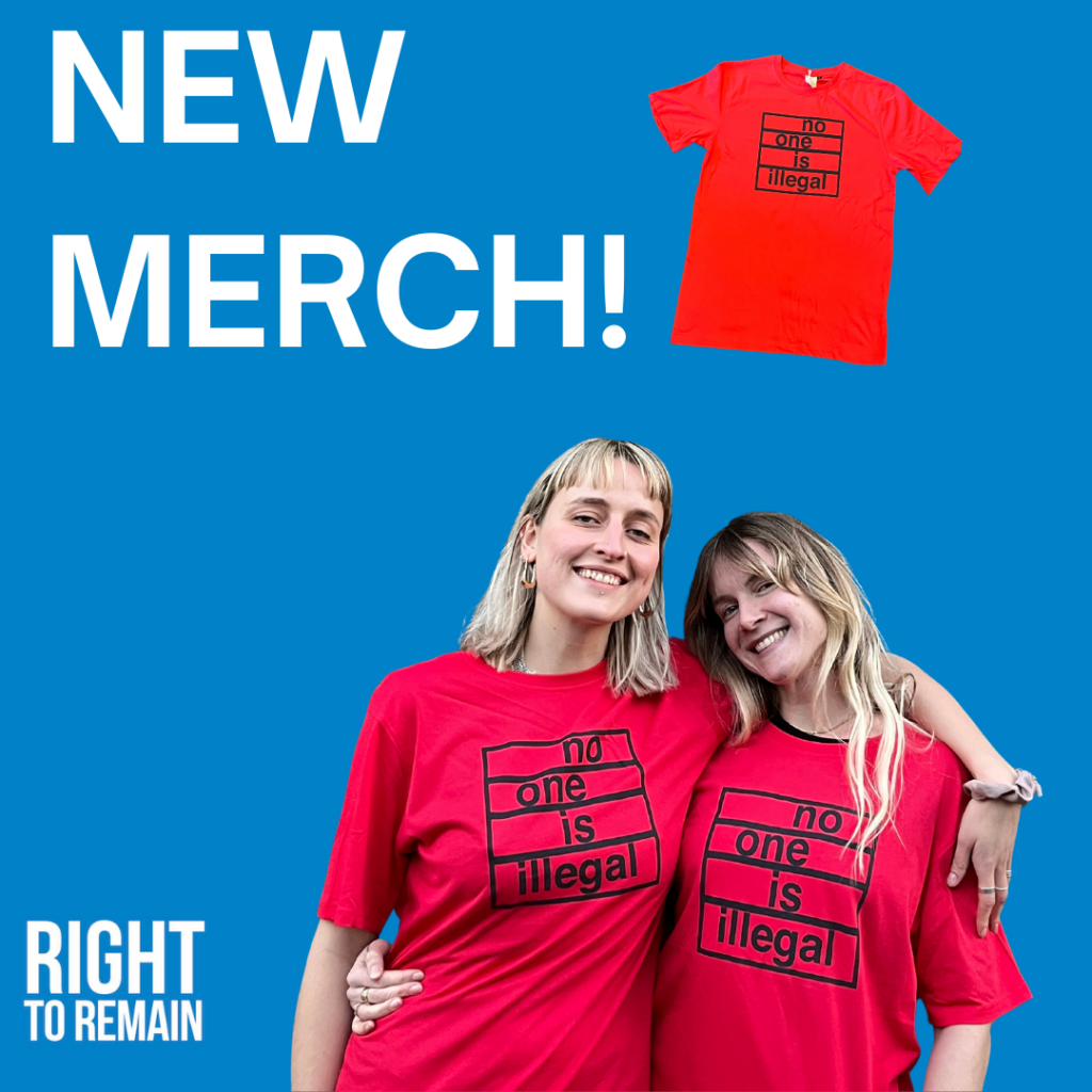 a graphic depicting 'new merch!', and a picture of esther and leah wearing the limited edition No One Is Illegal T-shirt in red