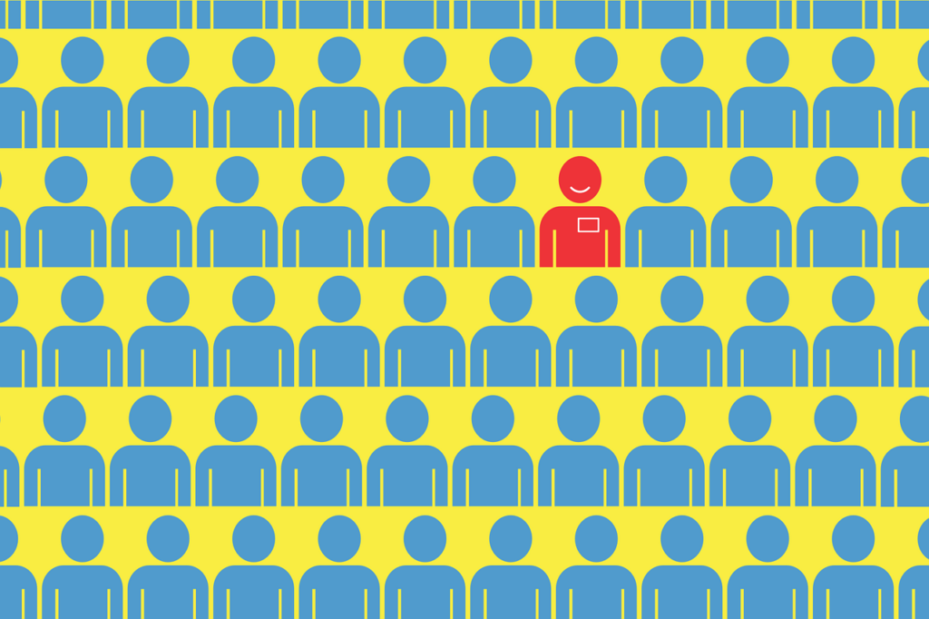 an illustration of five rows of blue people, with one person in red in the third row. the background is yellow