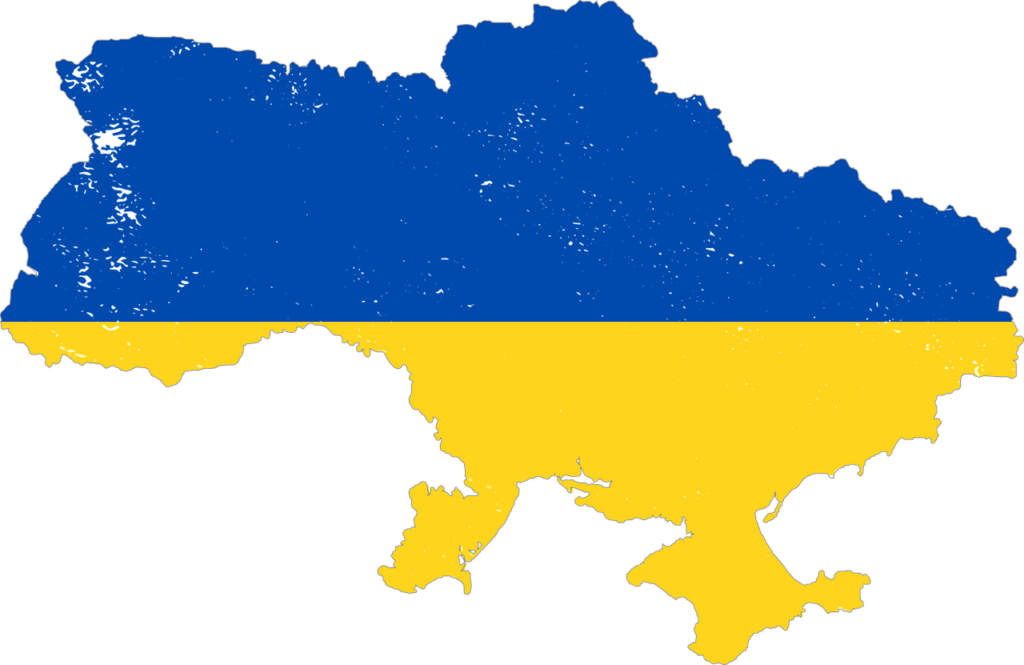 a map of Ukraine depicted in the Ukrainian flag's colours of blue and yellow.