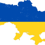 a map of Ukraine depicted in the Ukrainian flag's colours of blue and yellow.